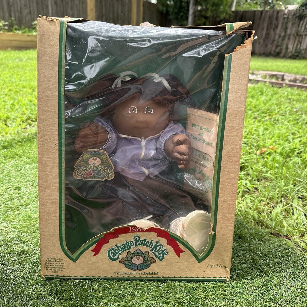 Vtg 1984 Cabbage Patch Kids 16” Black African American Girl Doll In‎ Box Purple